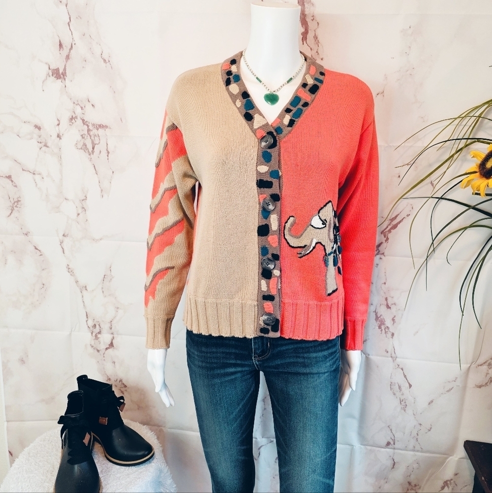 Vintage Elephant Cardigan Sweater Womens Small Embroidered Beaded Novelty Animal